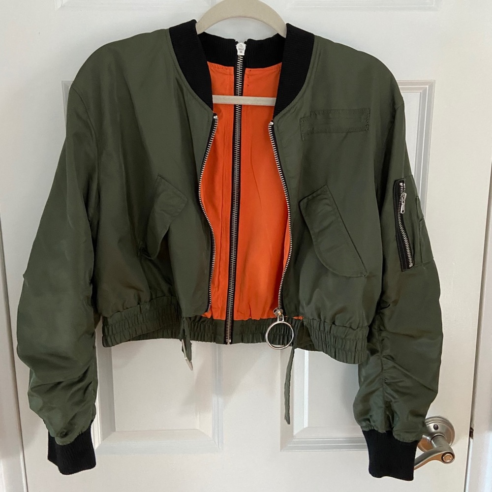 Olive green cropped bomber jacket